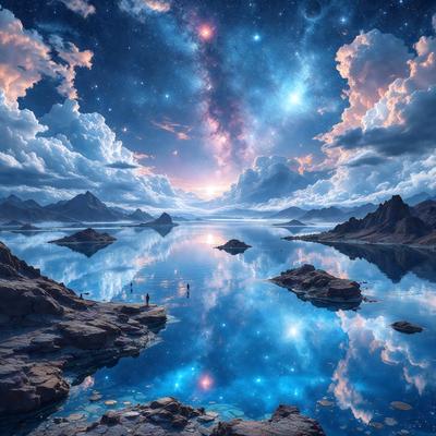 The primary subject of the image is a beautiful, serene landscape featuring a large body of water, such as a lake or ocean, with a mountain range in the background. The water appears to be a deep blue, and the sky above is filled with stars, creating a sense of tranquility and wonder. The visual style of the image is a combination of photo and digital art, giving it a unique and captivating appearance. The colors and mood of the scene are predominantly blue and calm, evoking a sense of peace